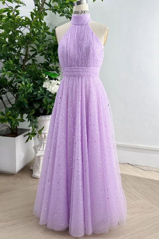 Lavender Halter High Neck Floor Length Prom Dress Homecoming