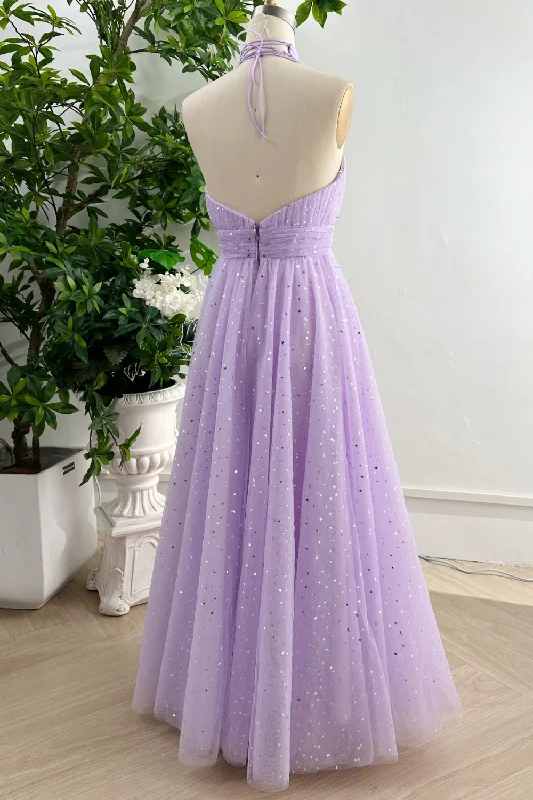 Lavender Halter High Neck Floor Length Prom Dress Homecoming