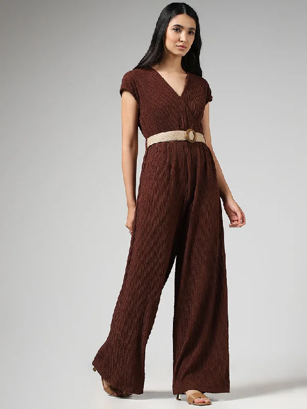 LOV Chocolate Brown Surplice Neck Crepe Jumpsuit