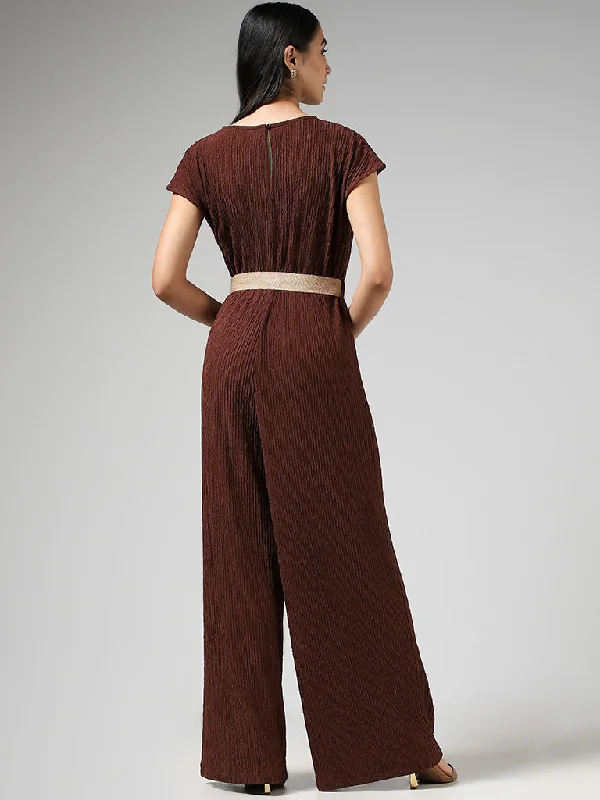 LOV Chocolate Brown Surplice Neck Crepe Jumpsuit