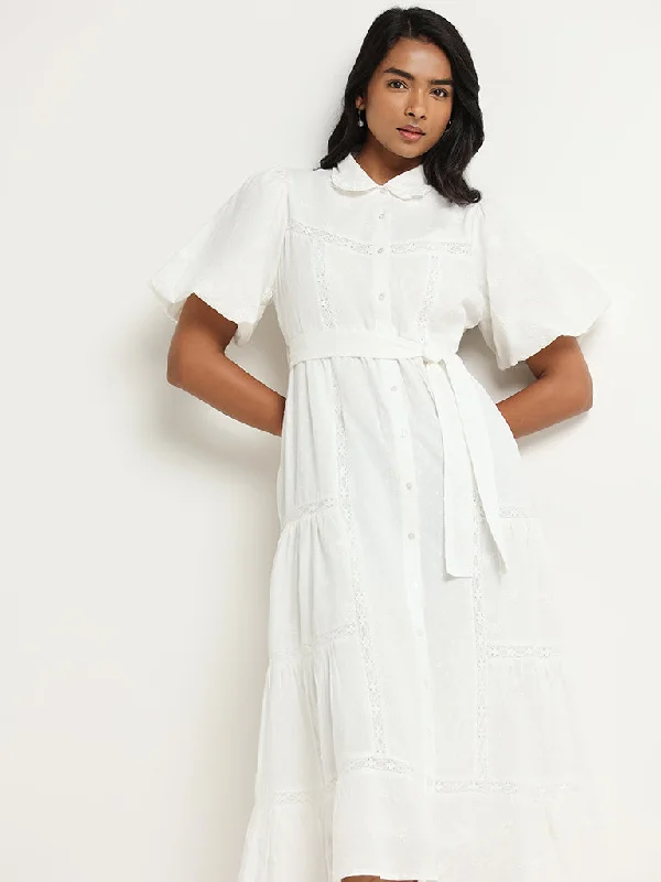 LOV White Embroidered Cotton Midi Dress With Belt