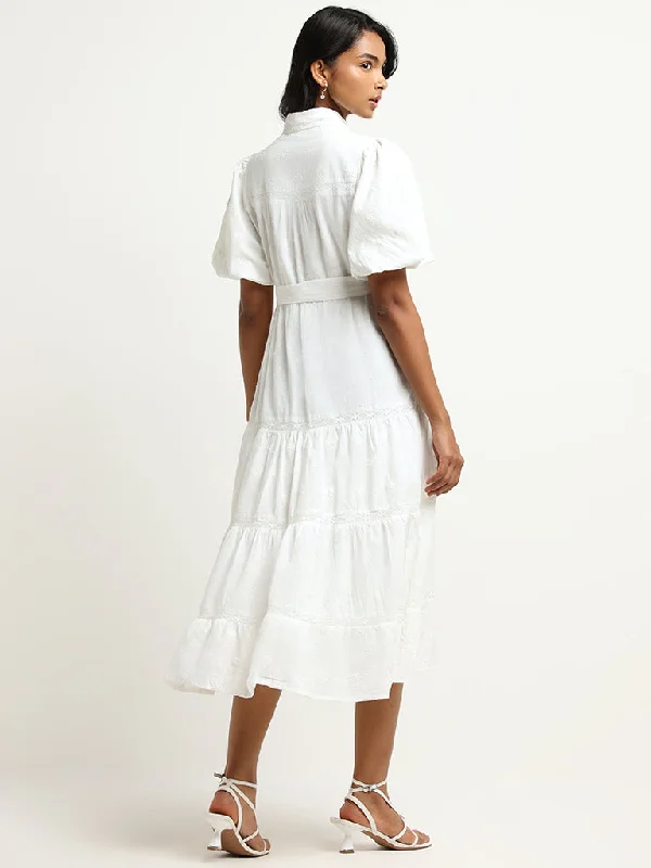 LOV White Embroidered Cotton Midi Dress With Belt