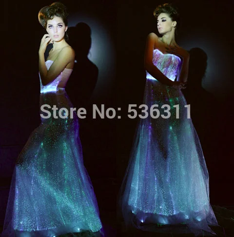 luminous evening party dress fashion A line RGB light sexy fiber optic sleeveless led dress floor length vestidos women