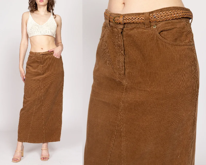 Med-Lrg 80s Brown Corduroy Belted Maxi Skirt