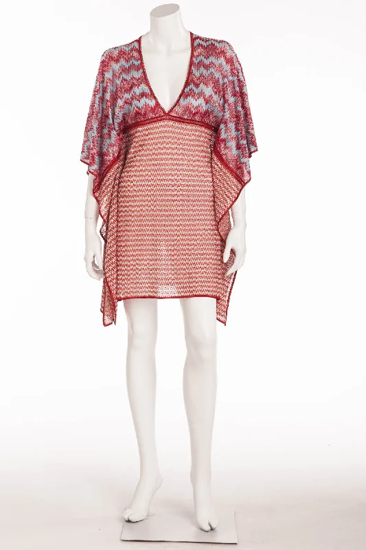 Missoni - Red, White and Light Blue Short Sleeve Zig Zag Crotched Knit Caftan -