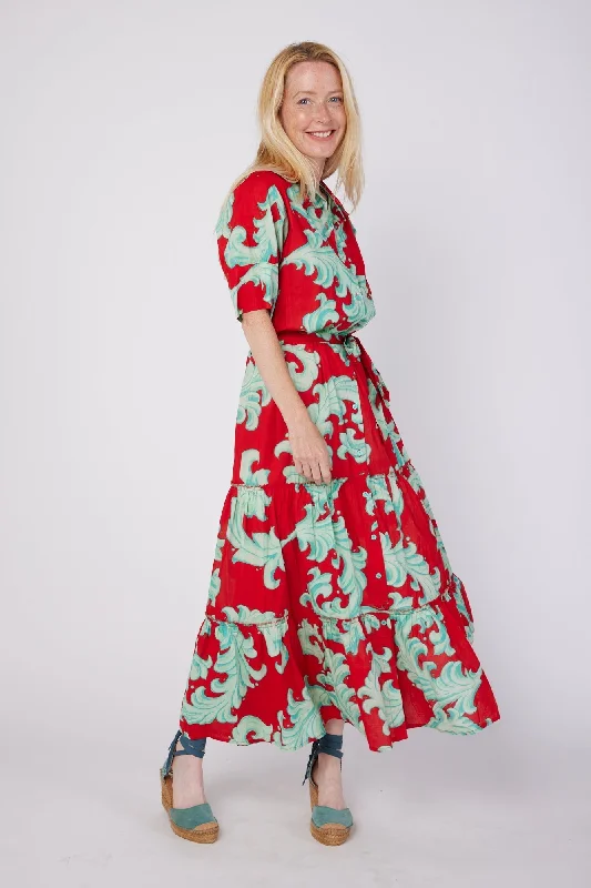 Alcee Short Puff Sleeve Maxi Dress with Collar and Detachable Belt in Crimson Mist Baroque