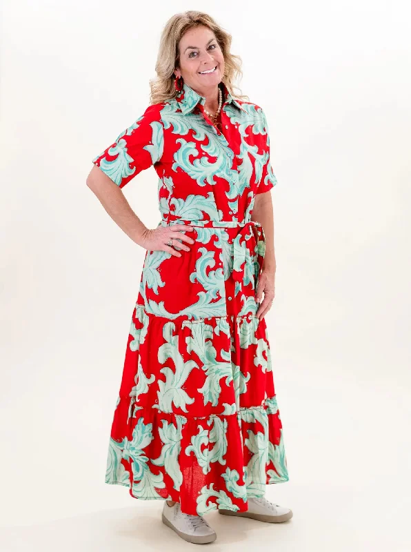 Alcee Short Puff Sleeve Maxi Dress with Collar and Detachable Belt in Crimson Mist Baroque