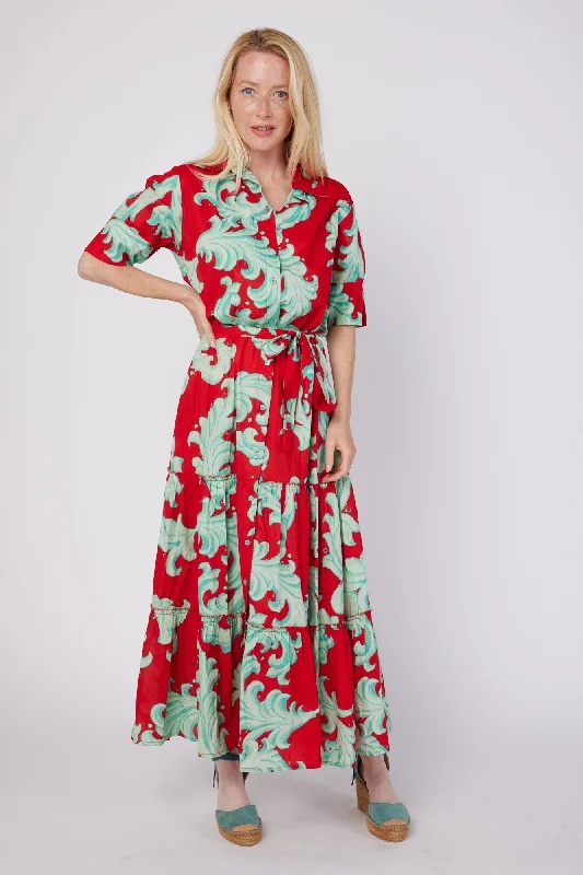 Alcee Short Puff Sleeve Maxi Dress with Collar and Detachable Belt in Crimson Mist Baroque