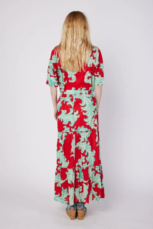 Alcee Short Puff Sleeve Maxi Dress with Collar and Detachable Belt in Crimson Mist Baroque