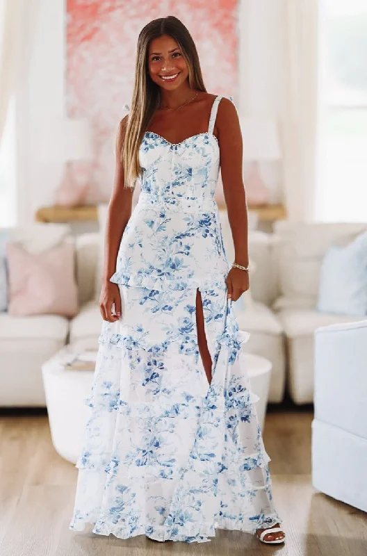 Must Be Love Floral Maxi Dress - Blue and White