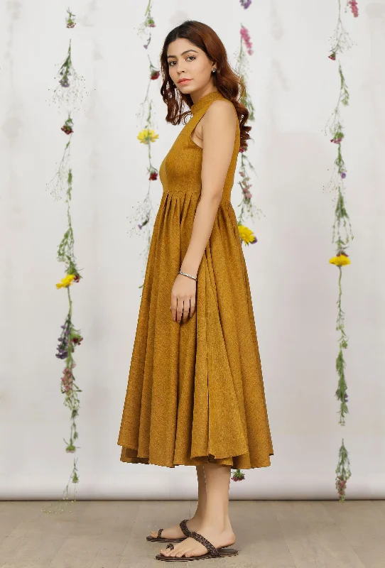 Mustard Yellow Khadi Cotton Flared Halter Neck Sleeveless Dress