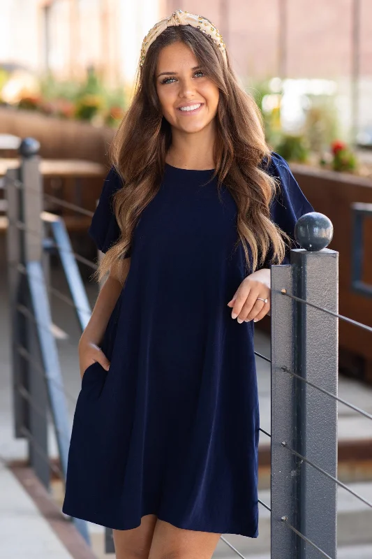 Navy Balloon Sleeve Dress With Pockets