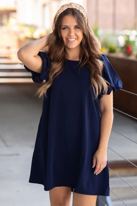 Navy Balloon Sleeve Dress With Pockets