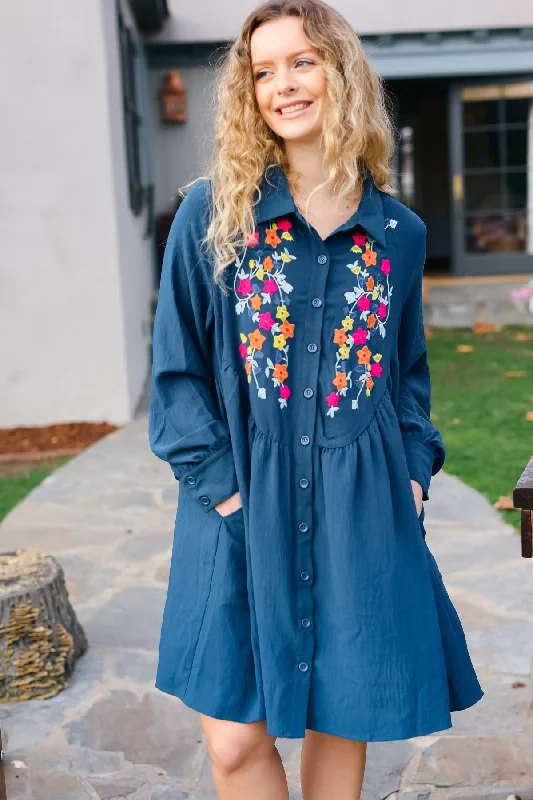 Navy Floral Embroidered Button Down Long Sleeve Dress