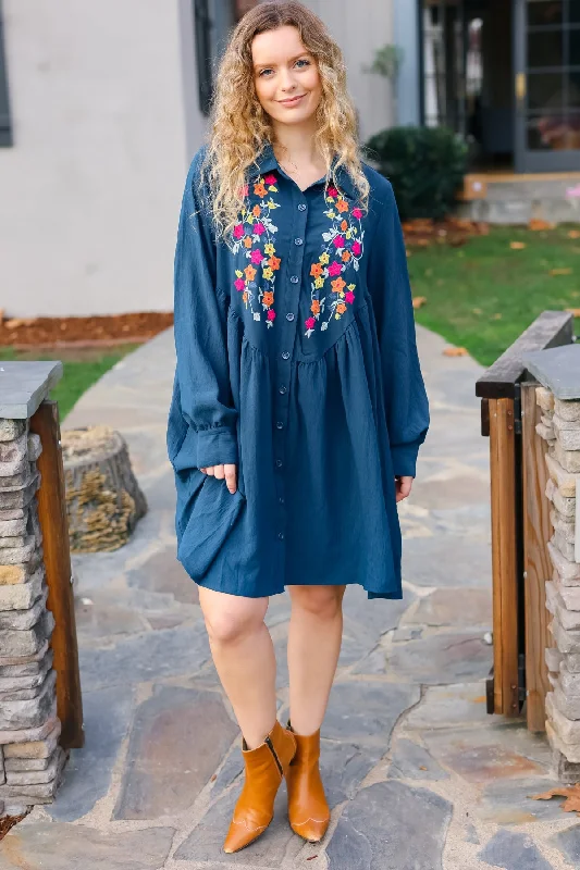 Navy Floral Embroidered Button Down Long Sleeve Dress