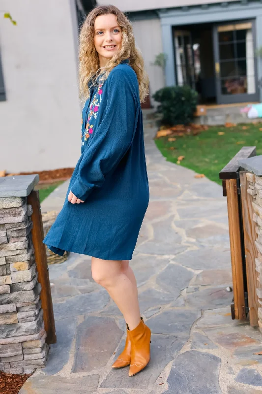 Navy Floral Embroidered Button Down Long Sleeve Dress