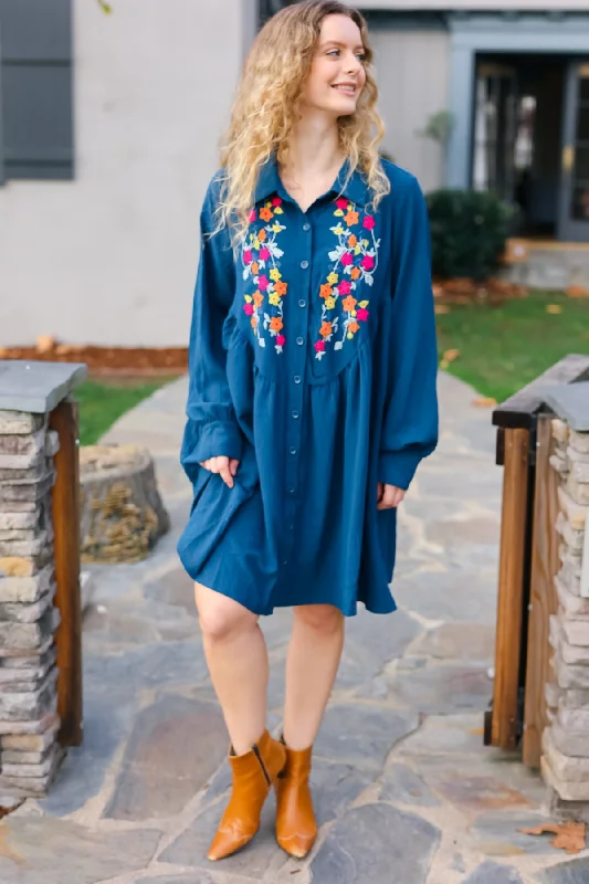 Navy Floral Embroidered Button Down Long Sleeve Dress