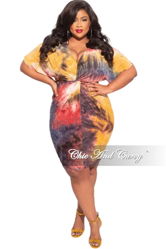 Final Sale Plus Size BodyCon Dress with Twisted Waistline in Fall Multi-Color Tie Dye