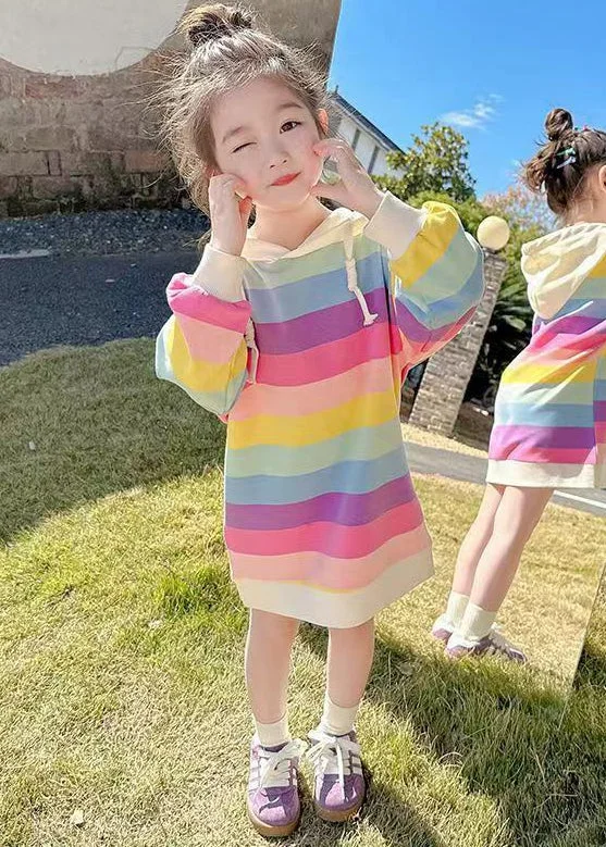 New Rainbow Hooded Lace Up Cotton Girls Sweatshirt Dress Fall XZ074