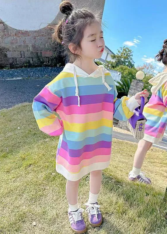 New Rainbow Hooded Lace Up Cotton Girls Sweatshirt Dress Fall XZ074