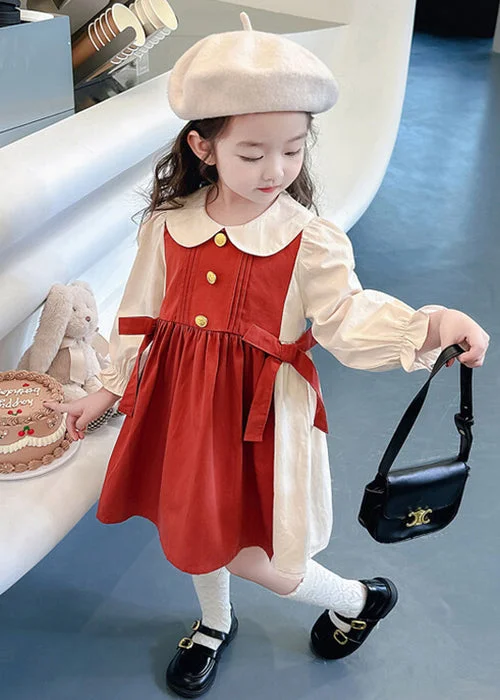 New Red Wrinkled False Two Pieces Cotton Girls Dresses Fall XZ070