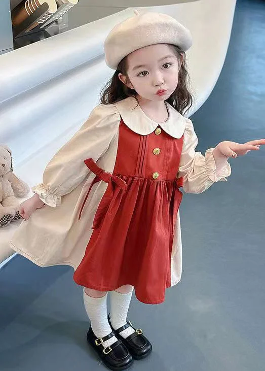 New Red Wrinkled False Two Pieces Cotton Girls Dresses Fall XZ070