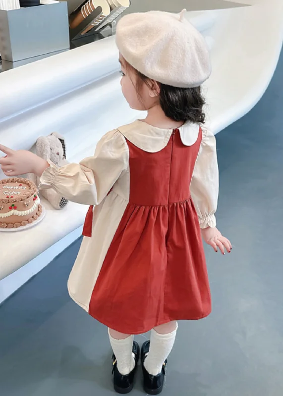 New Red Wrinkled False Two Pieces Cotton Girls Dresses Fall XZ070