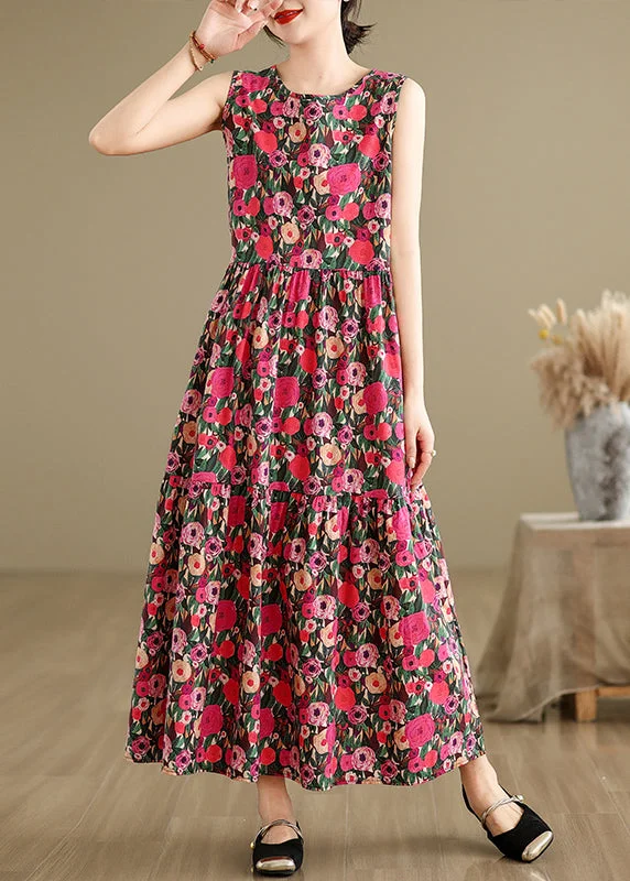 Red Button Patchwork Cotton Long Dress O Neck Summer JH030