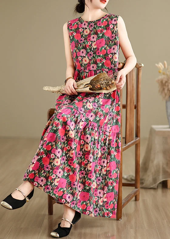 Red Button Patchwork Cotton Long Dress O Neck Summer JH030