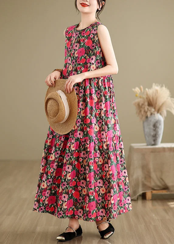 Red Button Patchwork Cotton Long Dress O Neck Summer JH030