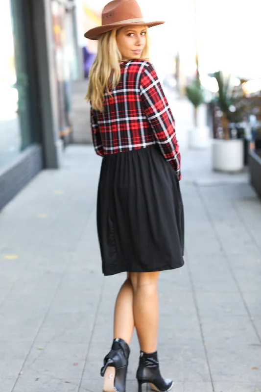 Red Plaid Black Long Sleeve Babydoll Dress