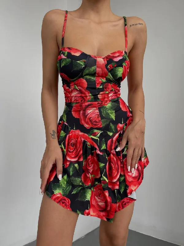 RED ROSE PATTERNED ASYMMETRIC ROPE HANGING MINI DRESS