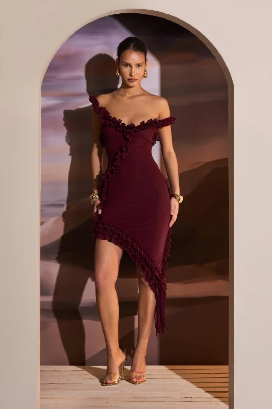 RUFFLE DETAIL ASYMMETRIC DRESS IN DEEP MAROON