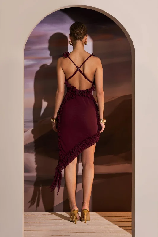 RUFFLE DETAIL ASYMMETRIC DRESS IN DEEP MAROON