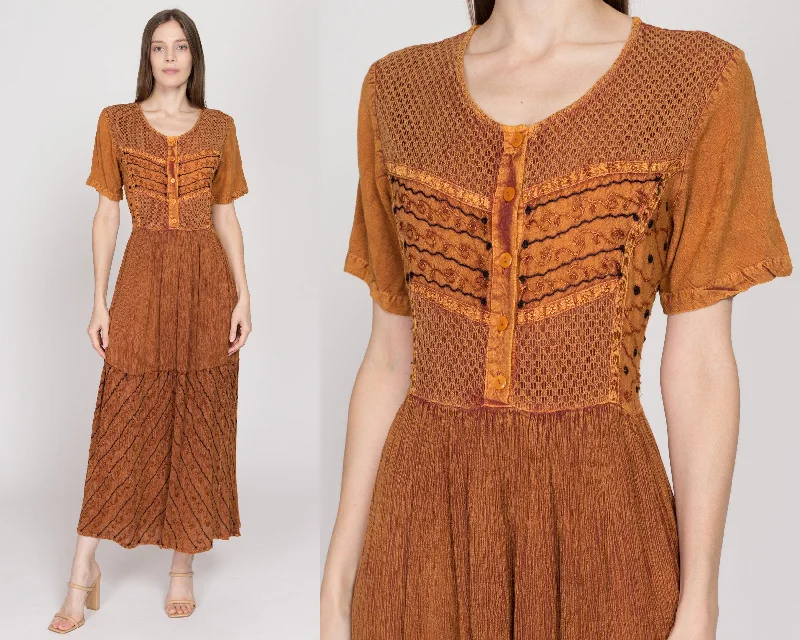 Sm-Med 90s Boho Copper Rayon Embroidered Maxi Sundress