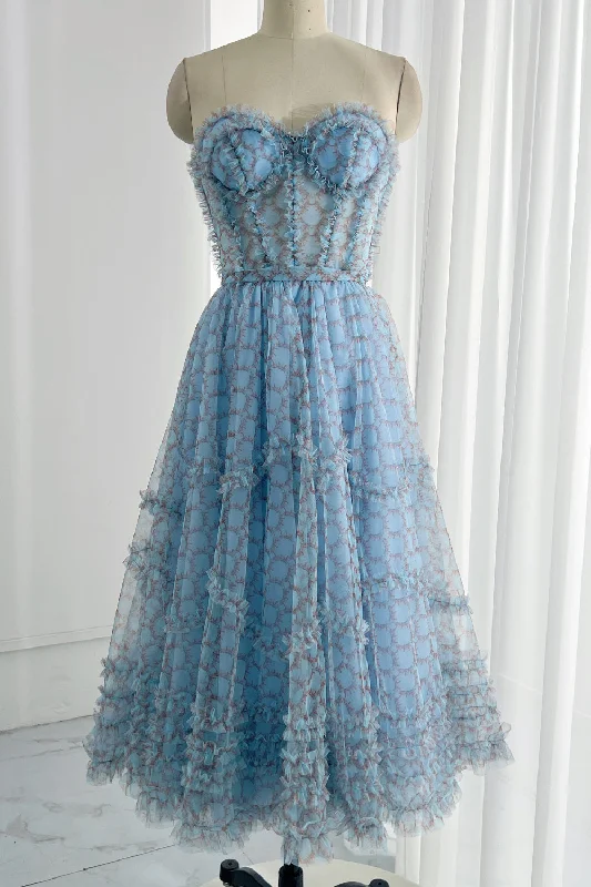 Strapless Print Tulle Midi Prom Dress with Lace Up Back