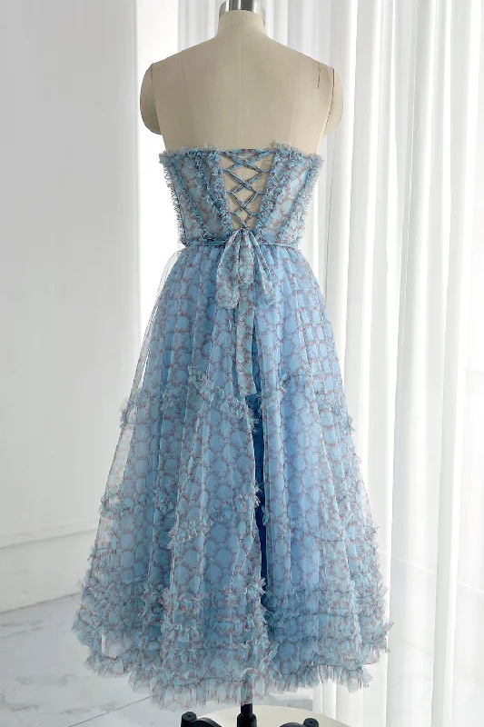 Strapless Print Tulle Midi Prom Dress with Lace Up Back