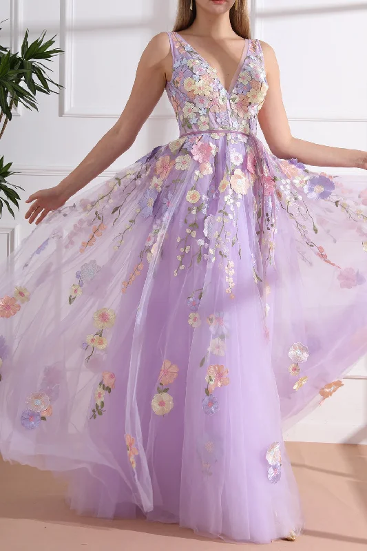 Straps V Neck Embroidery Floral Corset Lavender Dress