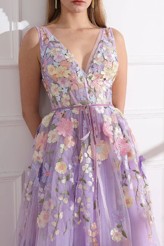 Straps V Neck Embroidery Floral Corset Lavender Dress