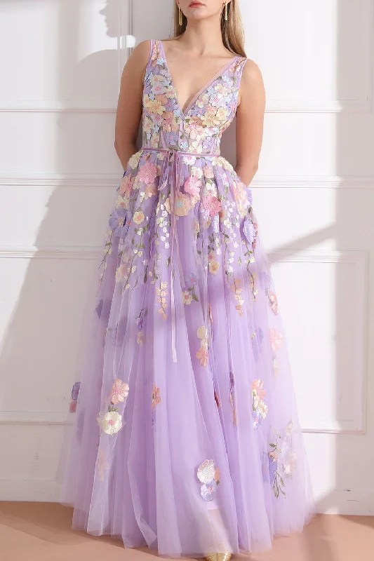 Straps V Neck Embroidery Floral Corset Lavender Dress