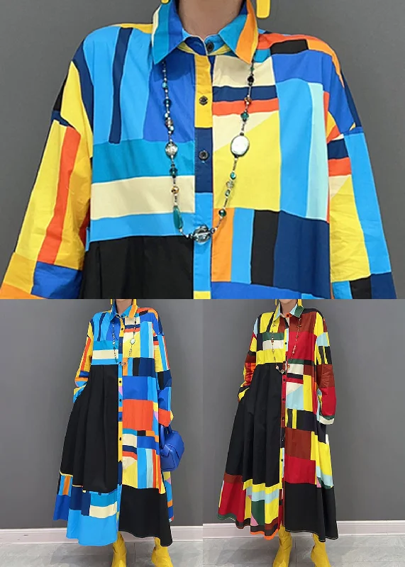 Momentlover Stylish Blue Oversized Patchwork Exra Large Hem Cotton Shirt Dress Spring LY1661