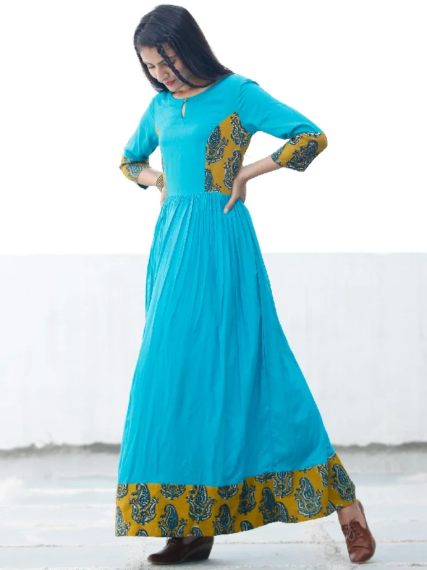 TEAL APPEAL - Hand Block Printed Long Cotton Dress - D347F1816