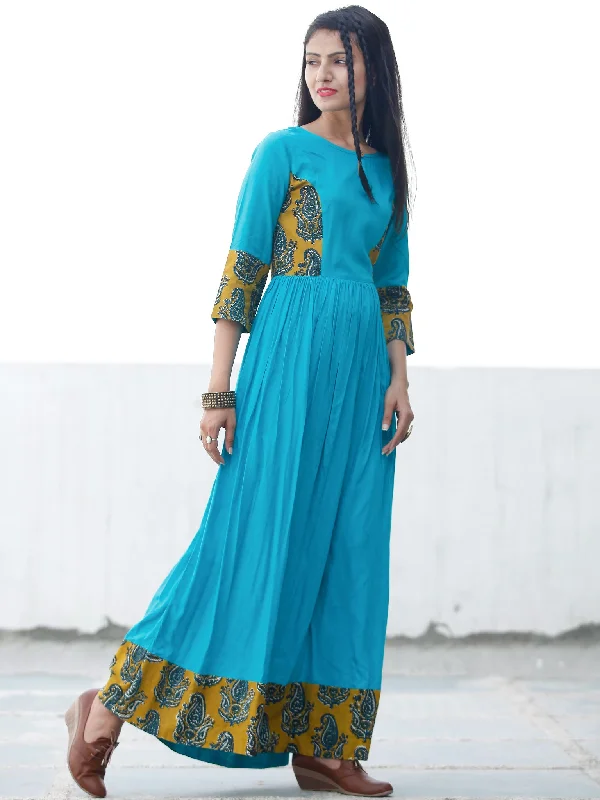 TEAL APPEAL - Hand Block Printed Long Cotton Dress - D347F1816