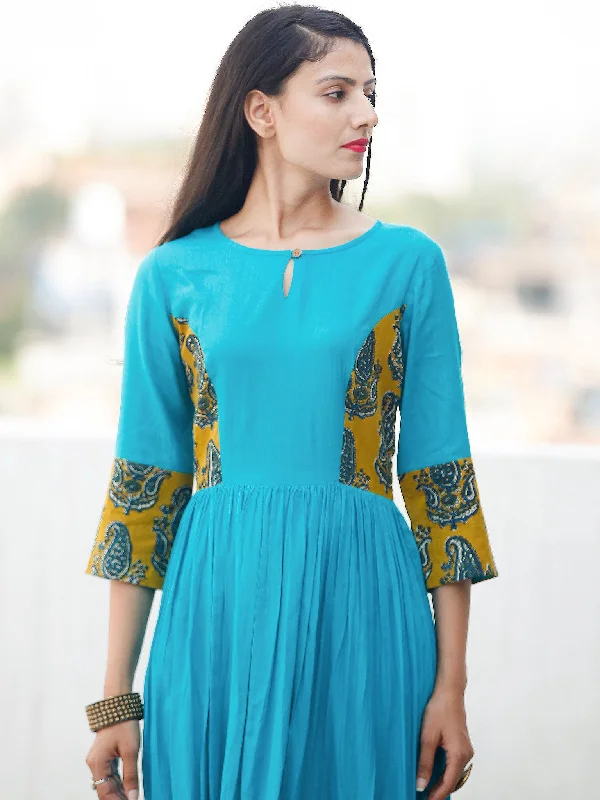 TEAL APPEAL - Hand Block Printed Long Cotton Dress - D347F1816