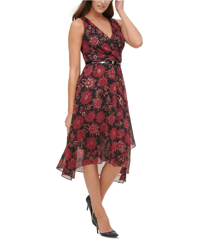 Tommy Hilfiger Women's Belted Floral Sleeveless V Neck Midi Sheath Dress Red Size 16