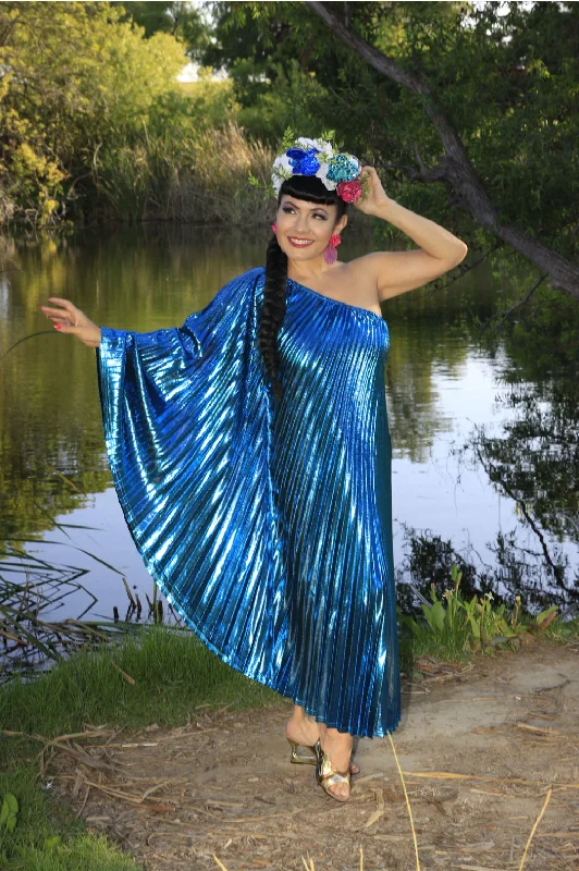 Vibrant Blue Metallic One Shoulder Caftan Dress