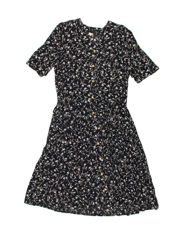 VINTAGE Womens Short Sleeves Shirt Dress EU 38 Medium Navy Blue Floral