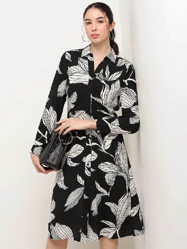 Wardrobe Black Printed Polyester Shirt Dress