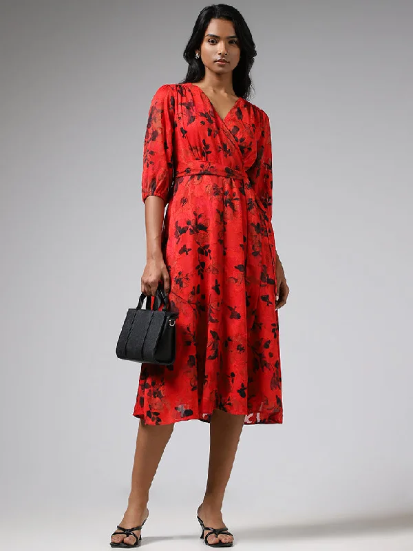 Wardrobe Bright Red Floral Printed A-Line  Dress with Belt