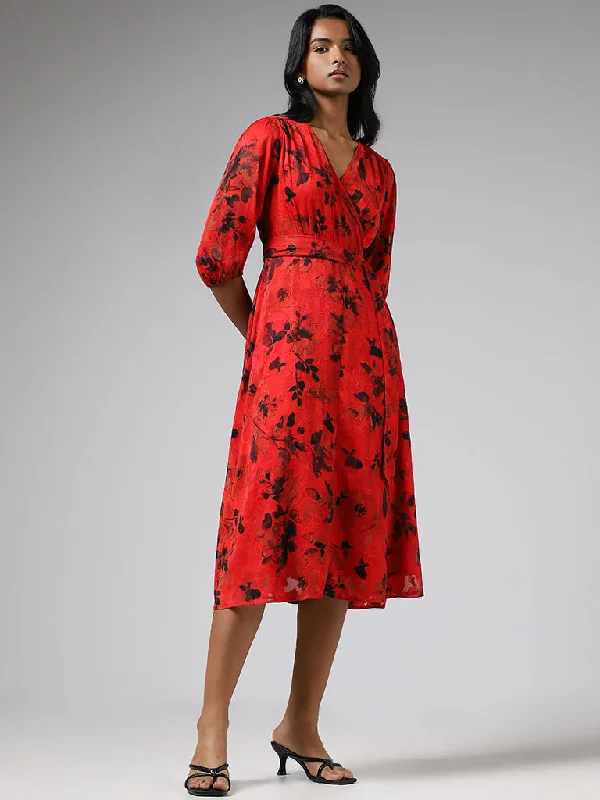 Wardrobe Bright Red Floral Printed A-Line  Dress with Belt